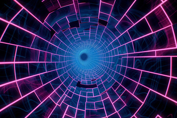 Fototapeta premium Blue and pink tunnel. Motion. Black background with outlined illuminated squares in animation that move in different directions. High quality 4k footage