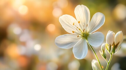 Fototapeta premium A white flower with a green stem is the main focus of the image. The flower is surrounded by a blurry background, which gives the impression of a dreamy, ethereal atmosphere. The soft