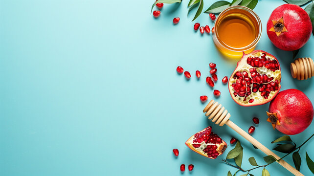 Rosh hashanah, jewish new year holiday, background with pomegranate and honey, traditional food for celebration 