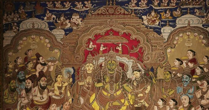 Ramapattabhisheka Tableau. Scene Has Rama And Sita On Throne, As Hanuman Kneels And Supports Lord Ramas Right Foot. Couple Is Flanked By Ramas Brothers, Vibhishana, Allies, Rishis, Kings, And Noblemen