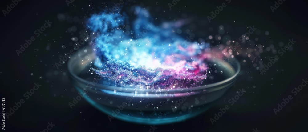 Wall mural a bowl filled with blue-pink bubble liquid against a black backdrop, illuminated by a blurred light 