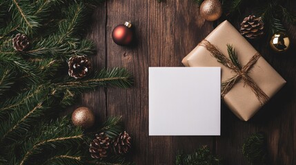Obraz premium A festive holiday background with evergreen branches, pine cones, gift-wrapped box, and ornaments surrounding a blank white card on a wooden surface.