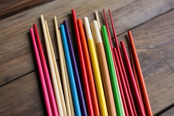 Obraz premium Collection of Brightly Colored Wooden Chopsticks