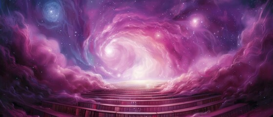 A painting of a staircase in a starlit tunnel ending at a radiant light