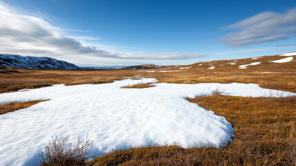 Arctic tundra with patches of snow and hardy vegetation low-lying shrubs resilient against the...