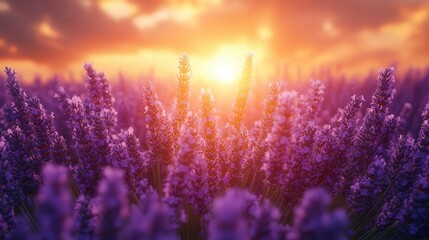 ethereal landscape of a lavender field at sunset with golden light filtering through misty purple haze