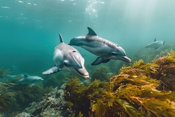 Obraz premium Underwater View of Dolphins Swimming in the Deep Blue Ocean