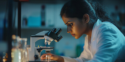 Indian female scientist use biotechnology to concentrate adults under microscope