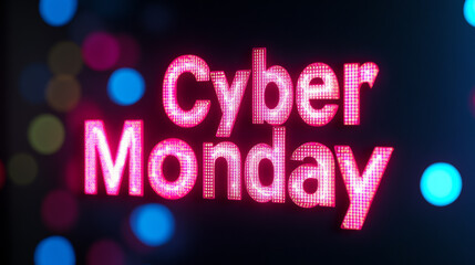Bright Cyber Monday lettering on a sleek black background with animated LED lights and festive pixel patterns 