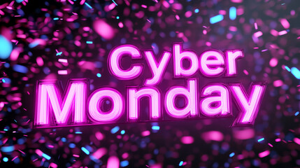 Bright pink Cyber Monday with a holographic effect over a dark background filled with digital confetti and sparkles 