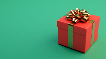 Fototapeta premium Bright red gift box with a golden bow isolated on a plain green background 