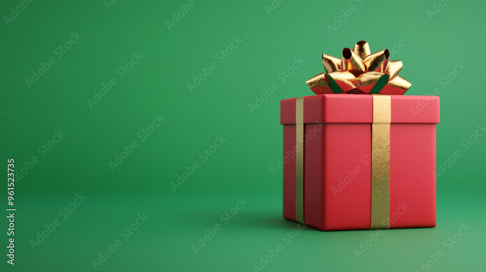 Wall mural Bright red gift box with a golden bow isolated on a green screen background 