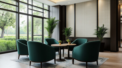 Business lounge featuring a chic buffet area with gourmet snacks and premium drinks, vibrant yet refined design 