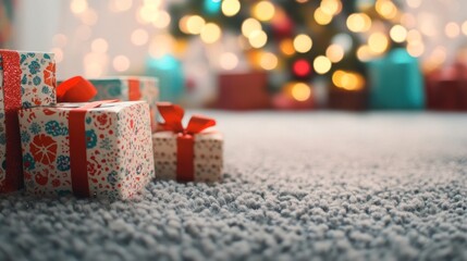 A collection of festively wrapped gifts on a soft, carpeted floor with a blurred background of a brightly lit Christmas tree and warm illumination.