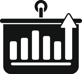 Black and white icon of a growing bar chart in a presentation board with an arrow pointing up