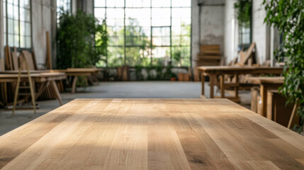 Busy workshop filled with custom wood furniture projects in various stages of completion tools scattered natural light 