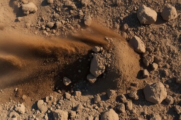 Topsoil Elements Crumbling and Sweeping Dirt Rush in a Clean Bird's-Eye View