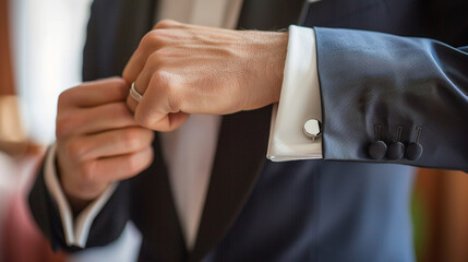 Obraz premium Medium close-up of a manâs hand adjusting the cufflinks on a tailored tuxedo sleeve, showing refined attention to detail.