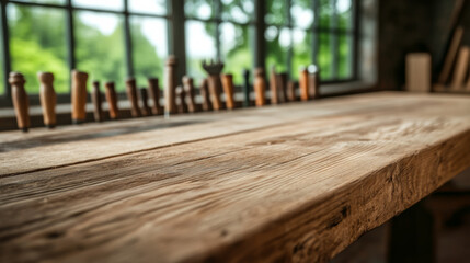 Carpenter’s workbench with vintage hand tools organized neatly light filtering through workshop window timeless craftsmanship 