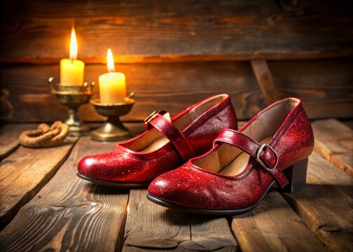 Vibrant ruby red slippers rest on a rustic wooden table, worn leather straps adorned with subtle golden buckles glimmering in warm candlelight.