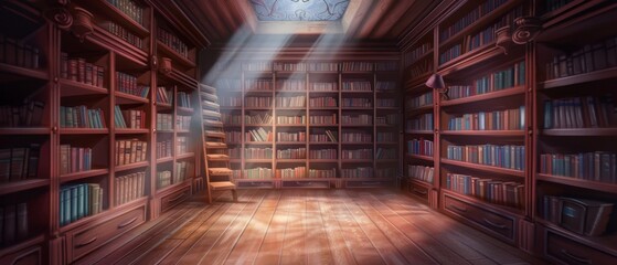 Obraz premium bookshelves filled with books, a clock on the wall, and ceiling light illuminating the space