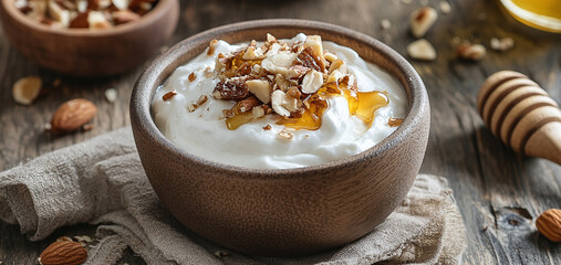 Fototapeta premium Greek yogurt with nuts and honey, emitting energy, protein consumption, refreshing and revitalizing concept