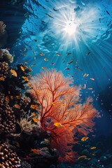 Vibrant Coral Reef Underwater Scene with Tropical Fish and Colorful Marine Life