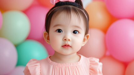 Fototapeta premium Chinese baby girl in soft pink dress surrounded by pastel balloons, joyful and bright birthday celebration setting 