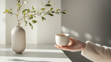 A person sits at a minimalist kitchen counter and holds a plain ceramic cup filled with coffee, complemented by a vase of leaves nearby