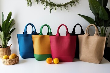 Stylish Eco-Friendly Jute Bags in Vibrant Colors on White Background