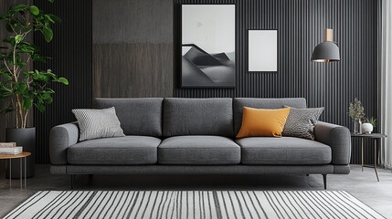 Gray modern sofa in a stylishly decorated living room