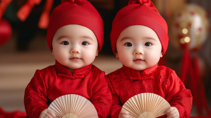 Chinese baby twins in red New Year outfits holding paper fans, sitting among traditional decorations 