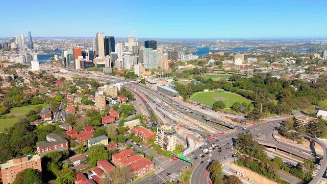 Aerial drone view of North Sydney CBD and Cahill Expressway on the lower North Shore of Sydney, NSW, Australia on a sunny day in August 2024
