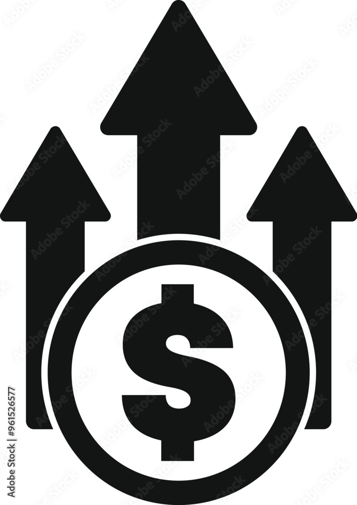 Canvas Prints black and white icon of a dollar coin increasing value with three up arrows