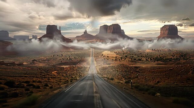 Desert road leading to monument valley under dramatic clouds