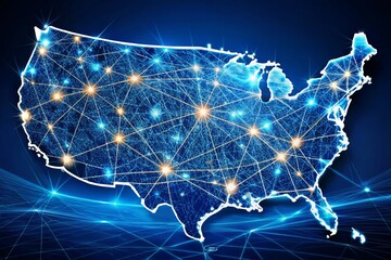"Interconnected hub-and-spoke network map of the United States, featuring major cities, high-speed internet connections, and transportation systems as nodes"