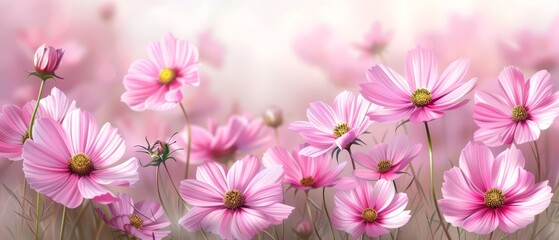  A field of pink flowers with yellow centers