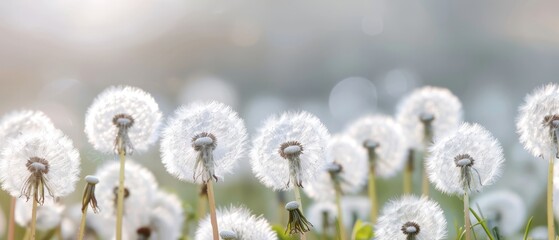 Obraz premium A tight shot of dandelions, with out-of-focus background dandelions