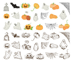 Big set of halloween elements in sketch and flat  style. Design of witch, ghost, creepy and spooky elements for halloween decorations, sketch, icon. Hand drawn vector isolated on white background.