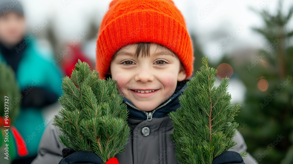 Sticker Christmas tree market with kids helping carry small trees, laughter and holiday joy filling the crisp winter air 