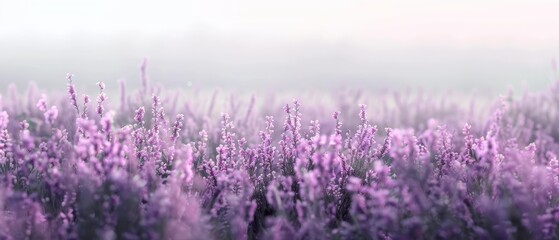 Obraz premium A field filled with purple blooms under a foggy, softly focused sky