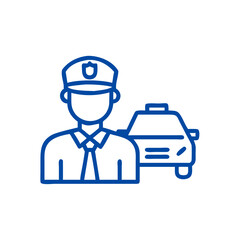 Obraz premium Police officer icon in blue line art with patrol car for law enforcement