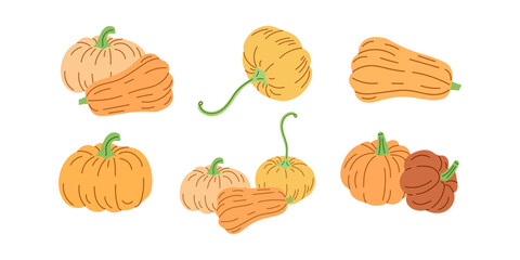 Vector flat style Halloween Illustration. Hand-drawn scary pumpkins sketch set. Element for labels, packaging and cards design.