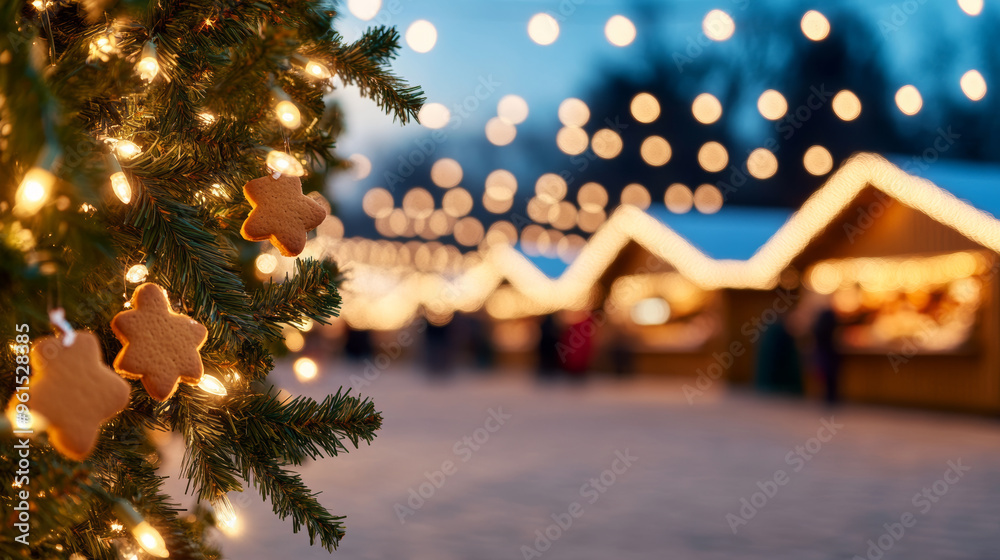 Poster Cozy Christmas bazaar with vendors selling gingerbread cookies, hot mulled wine, and crafts, under twinkling fairy lights 