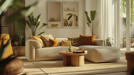 Scandinavian-inspired living room with modern furniture, a soft sofa, and warm decor elements.