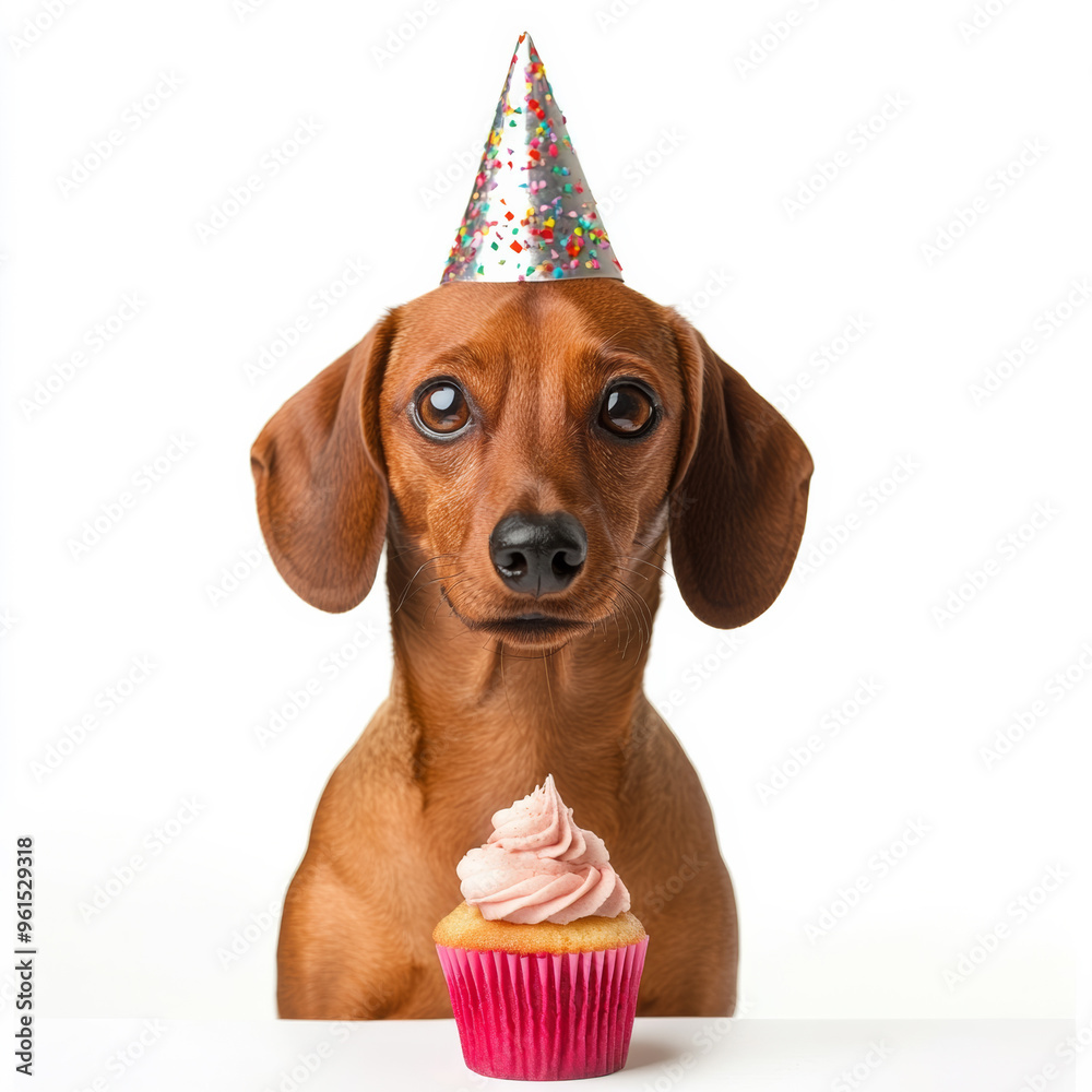 Canvas Prints Dachshund wearing a party crown with a cupcake in front of it isolated on white background 