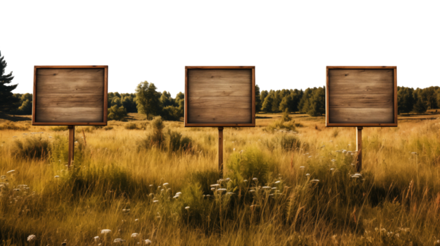 empty wooden billboards on the grass, studio view, isolated on transparent background.