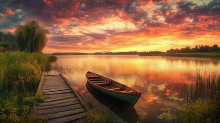 Obraz premium Scenic lake landscape with an old wooden bridge, a row boat, and a vibrant sky at dusk.