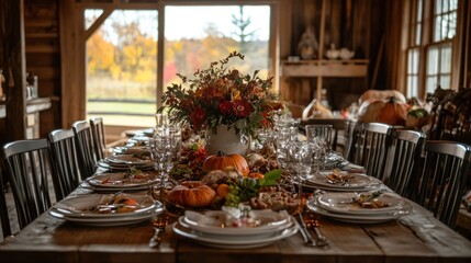 Fototapeta premium A beautifully set dining table with elegant glassware, plates, and a vibrant autumnal centerpiece in a rustic room with a view of fall foliage outside.