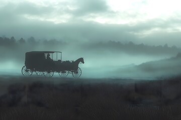 Fototapeta premium A horse-drawn carriage travels through a foggy landscape.